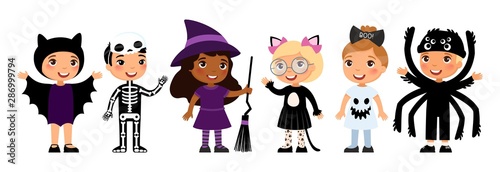 Boys and girls in scary monsters costumes flat vector characters set. Bat, skeleton, witch, cat, ghost and spider outfits cartoon illustrations.  Trick or treat tradition.