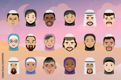 Collection of vector face character illustrations of muslim people of different nationalities and age. Arabian men and women, isolated avatars, people wearing head scarf, hijab, cute smiling user pics © Favebrush