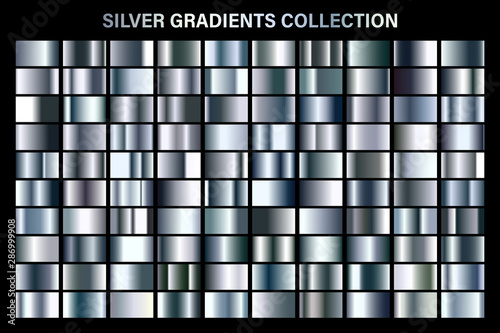 Silver glossy gradient, metal foil texture. Color swatch set. Collection of high quality vector gradients. Shiny metallic background. Design element.