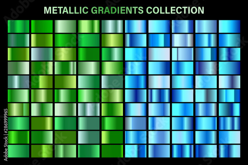 Green, blue glossy gradient, metal foil texture. Color swatch set. Collection of high quality vector gradients. Shiny metallic background. Design element.