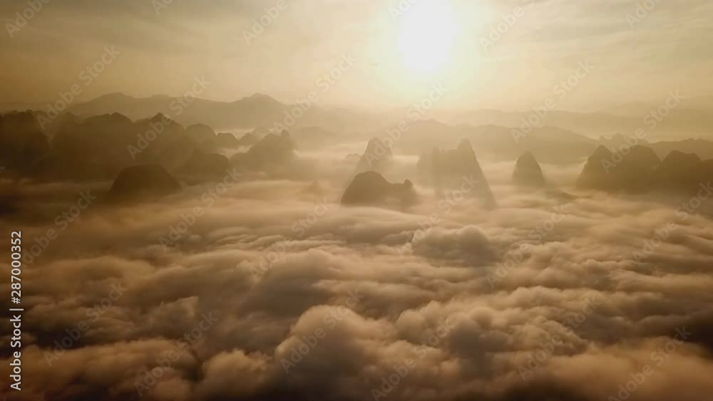 Aerial view at sunset on the Huangshan Mountains in China.