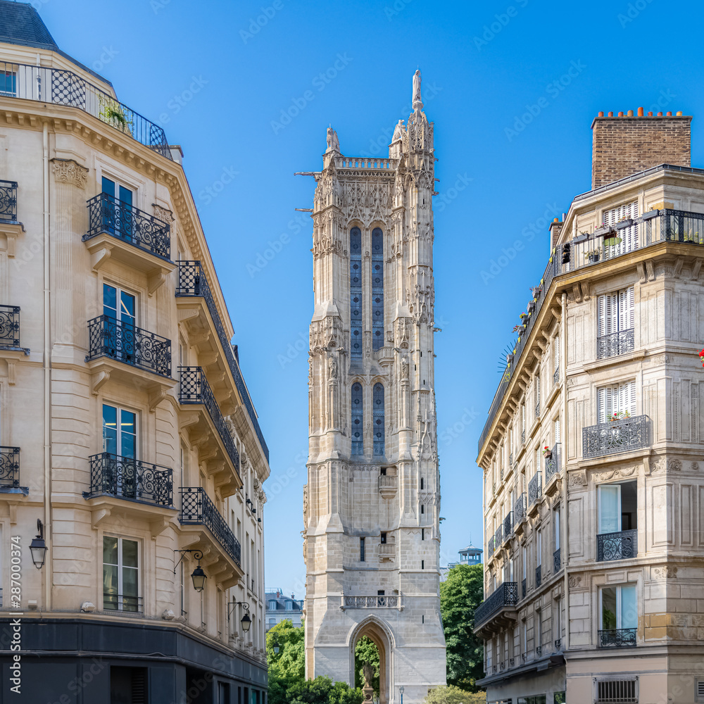 Paris, the Saint-Jacques tower, view from a typical street in the center