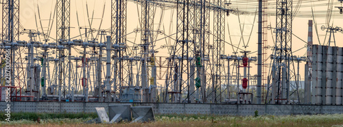 High Voltage sub station in extreme detail. Closeup on wiring and connections of a modern atomic power plant substation.