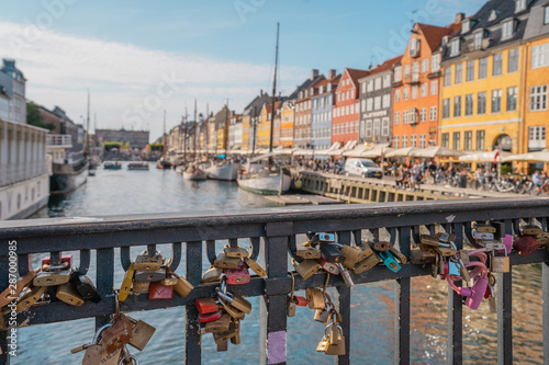 Photography view of a bridge with love padlocks in the city of copenhagen Denmark