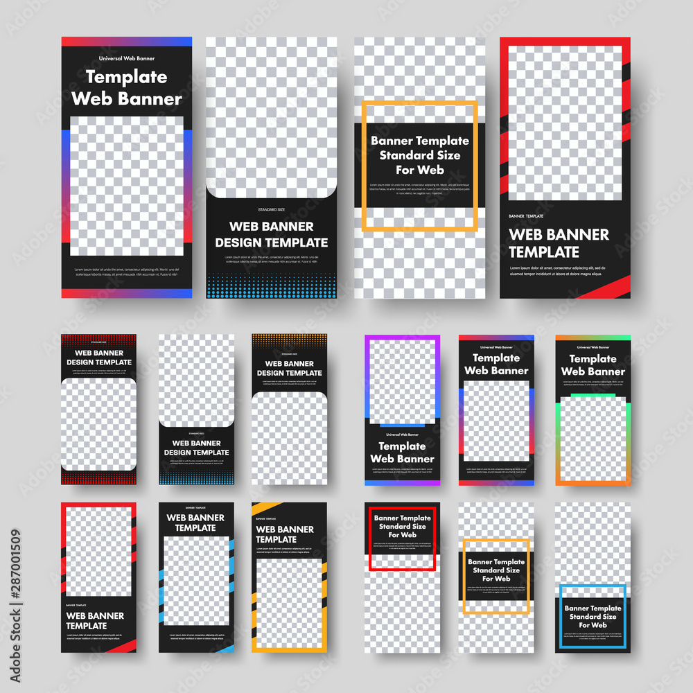 Vertical black web banner templates with place for image and frames with photo borders.