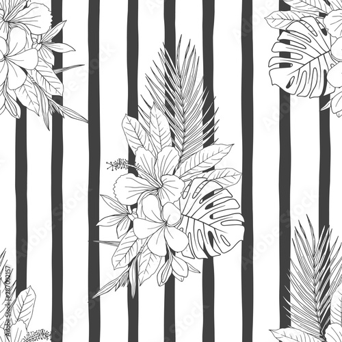 Flower bouquet sketchy seamless pattern. Exotic Hibiscus, Plumeria, Strelitzia blossom black ink illustration on vertical striped backdrop. Elegant botanical textile, palm leaves wallpaper design