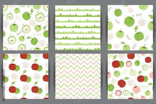 Green apple seamless pattern set Red apple repeating background with hand drawn apples white Vector