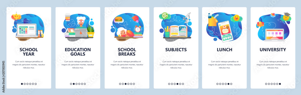 Fototapeta premium Mobile app onboarding screens. School education, time to sleep, class schedule, learning student, order food online. Vector banner template for website and mobile development. Web site illustration