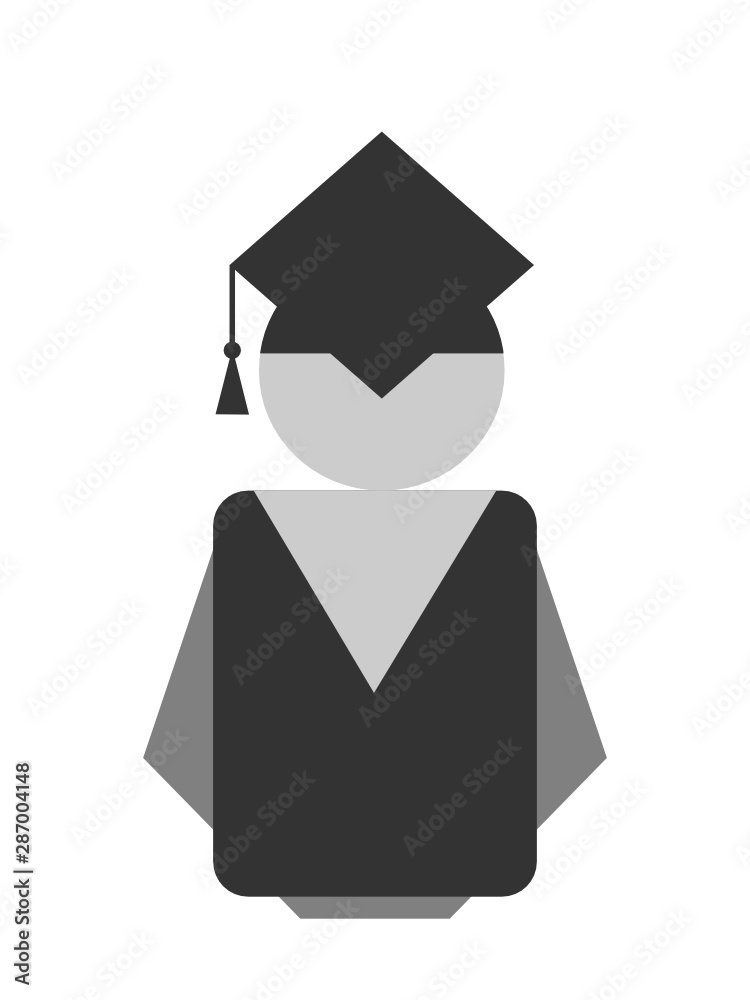 Student icon or symbol. College Student or Professor. Graduate with gown  and cap. Concept of graduation and completing a college or university  education. Vector illustration, flat style, clip art. Stock Vector