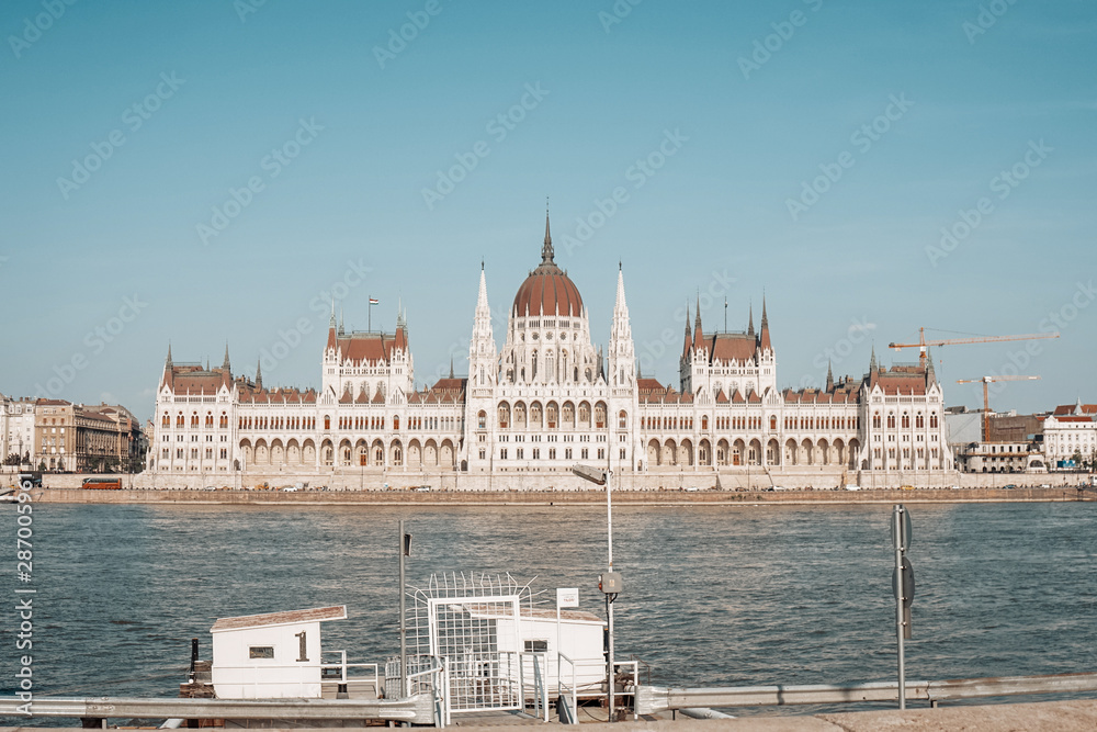 Hungarian Parliament Building in Budapest on Danube river banks