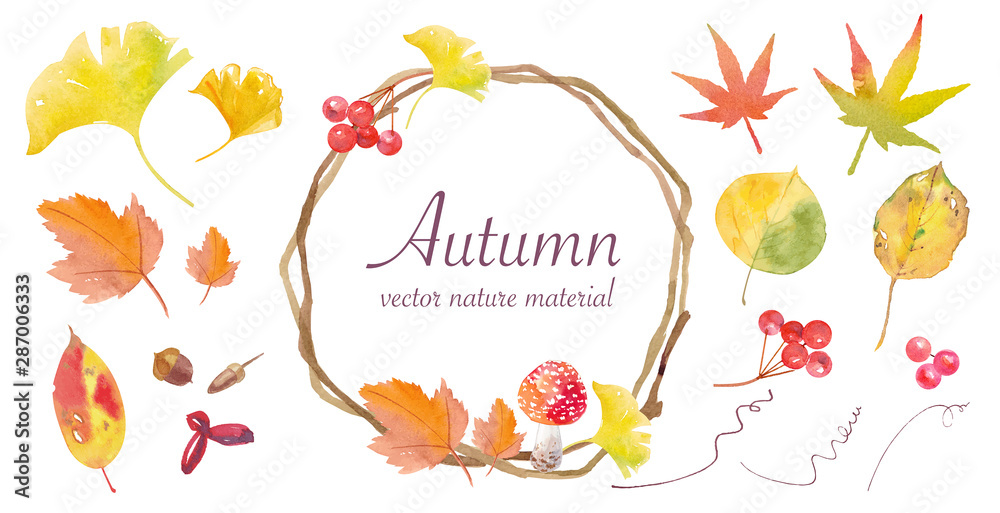 秋の自然素材の水彩イラスト リースの材料 ベクターデータ レイアウト変更可能 Stock Vector Adobe Stock