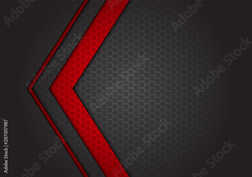 Abstract red arrow direction on dark grey hexagon mesh pattern design modern futuristic background vector illustration.