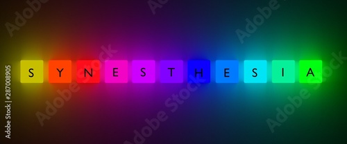 synesthesia letter with neon color variation in the dark background. 3D illustration photo