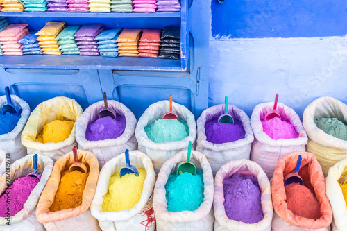 Colorful spices and  dyes in the street of the blue city, Chefchaouen, Morocco. © Miguel Tamayo 