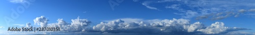 Photo of the cloudy sky. Horizon, moisture-bearing and vapor-forming atmospheric phenomenon, panoramic image.