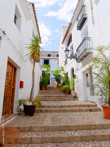 Beautiful narrow street in the old town of Altea. Costa Blanca, Spain