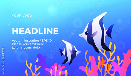 Underwater banner with clown fish and corals. Vector illustration in colorful style.
