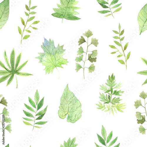 Watercolor green leaves seamless pattern