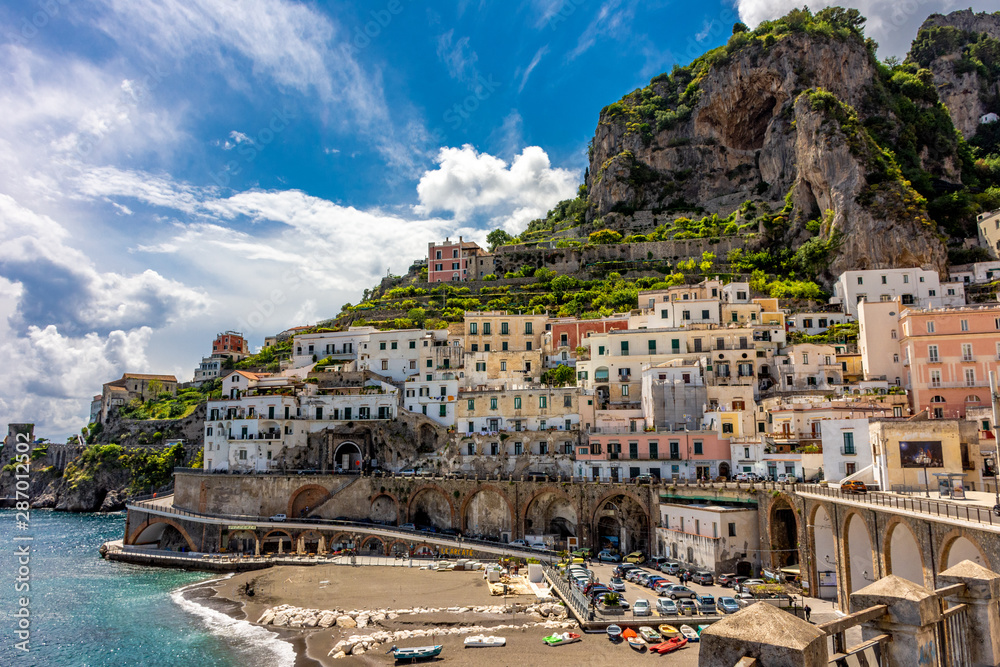 Fototapeta premium Italy, Atrani, Amalfi coast, beach panorama