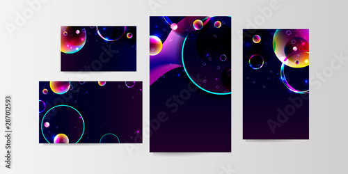 Set of banner dark retro futuristic art neon universe blue 3d futuristic. Background modern starry sky glowing abstraction