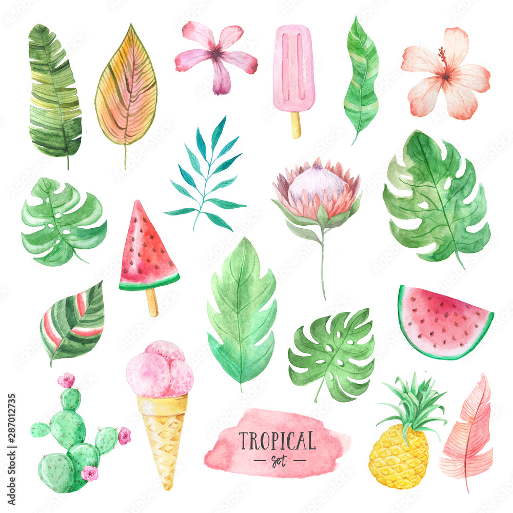 Watercolor tropical flowers, leaves and icecream Watercolor tropical flowers, leaves and icecream