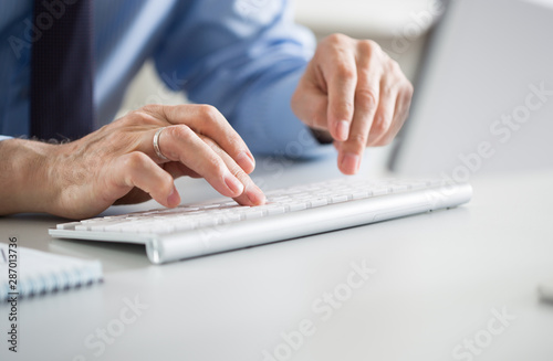 Close-up of hands senior businessman working with computer © chagin