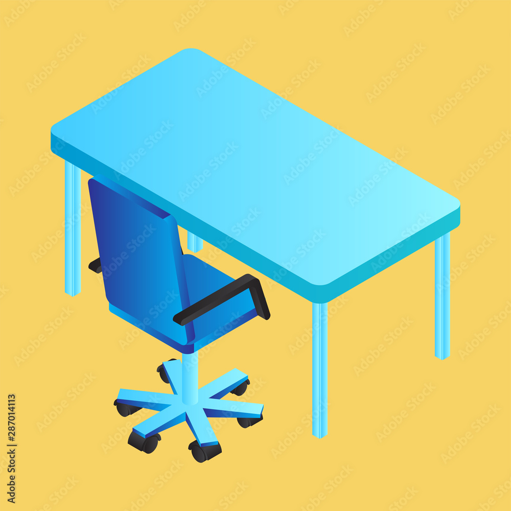Isometric blue table and office chair on yellow background. Isometric blue table and office chair on yellow background.
