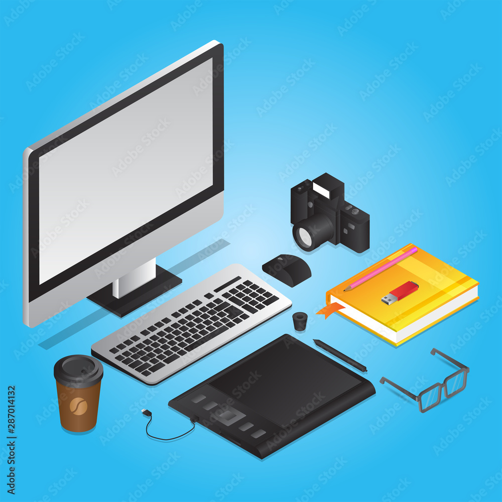 3D illustration of graphic designer tools like as computer with graphic tablet, book, camera, coffee cup and eye glasses on blue workplace background. 3D illustration of graphic designer tools like as computer with graphic tablet, book, camera, coffee cup and eye glasses on blue workplace background.