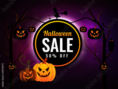 Halloween Sale banner or poster design with 50  discount offer and scary pumpkins illustration on purple background.