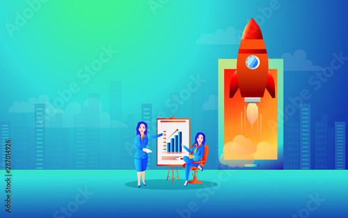 Business women given infographic presentation with launch a successful project from smartphone on urban view background for Startup business concept.