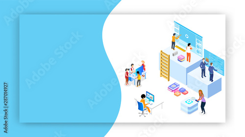 Miniature web developers maintaining the website or analysts analysis data on abstract background for Teamwork concept based isometric design.