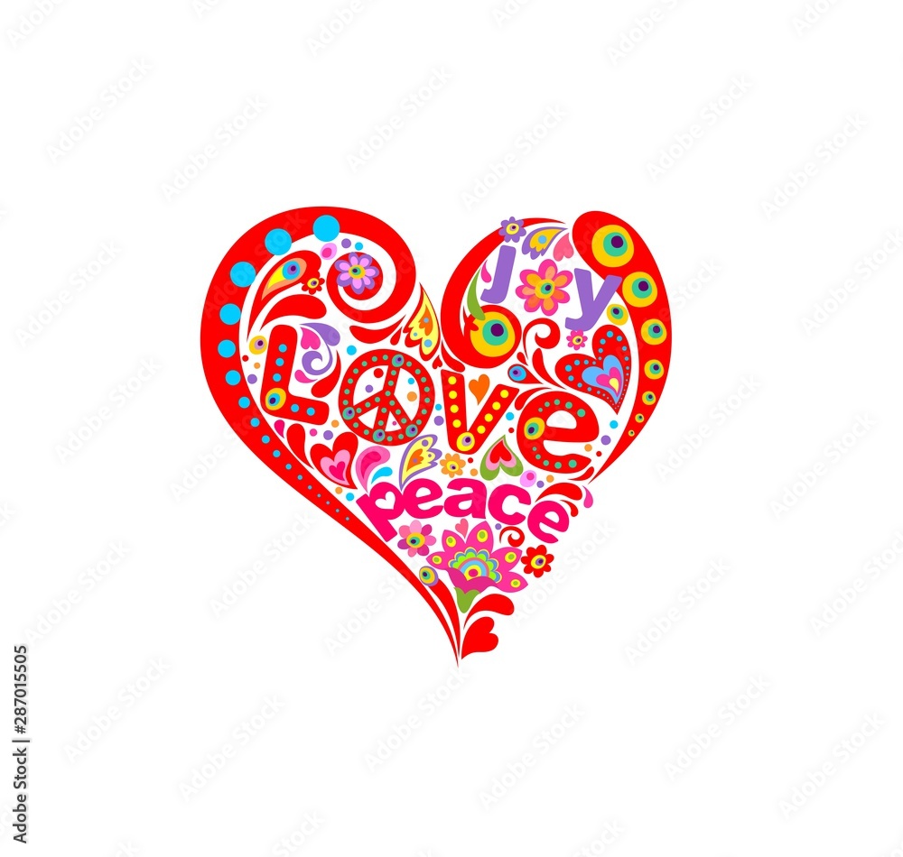 Heart red abstract shape for t-shirt print with hippie symbolic, flower-power and funny eyes Heart red abstract shape for t-shirt print with hippie symbolic, flower-power and funny eyes