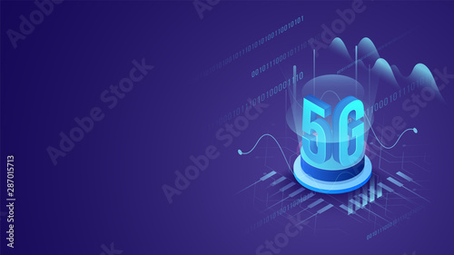 3D lettering of 5G on round podium with purple circuit board high-tech background for 5G Network concept. Can be used as banner design.