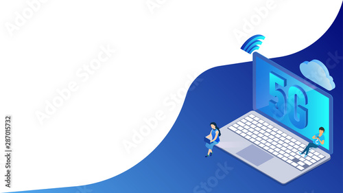 Fast speed 5G network connection laptop and high storage data cloud server connected wifi signal for Using user new modern digital internet data service concept.