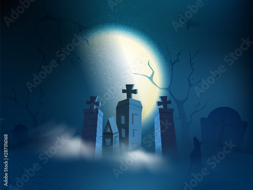 Full moon night background with haunted house, graveyard and yelling wolf for Halloween Night. Can be used as poster design.