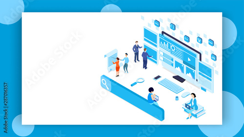 Business people fixing the problem with different programming language signs for Teamwork or Web Development concept based isometric design.