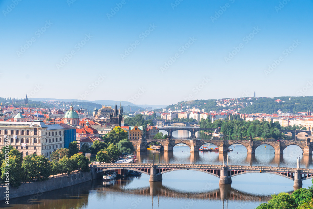Panoramic view of Charles Bridge in Prague in a beautiful summer day, travel concept, 2019. Czech Republic