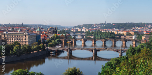 Panoramic view of Charles Bridge in Prague in a beautiful summer day, travel concept, 2019. large panorama, large size Czech Republic