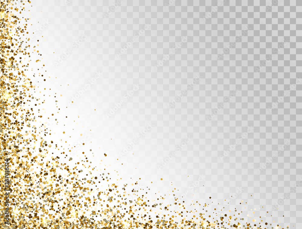 Glitter gold border with space for text. Golden sparkles and dust on transparent background
