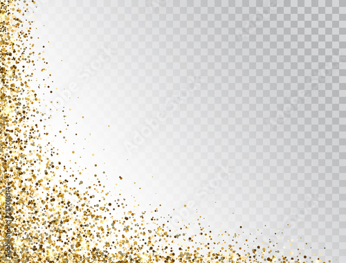 Glitter gold border with space for text. Golden sparkles and dust on transparent background. Luxury glitter decoration. Bright design for Christmas, Birthday, Wedding. Vector illustration