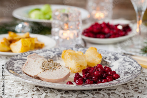 Christmas dinner with turkey and cranberry sauce