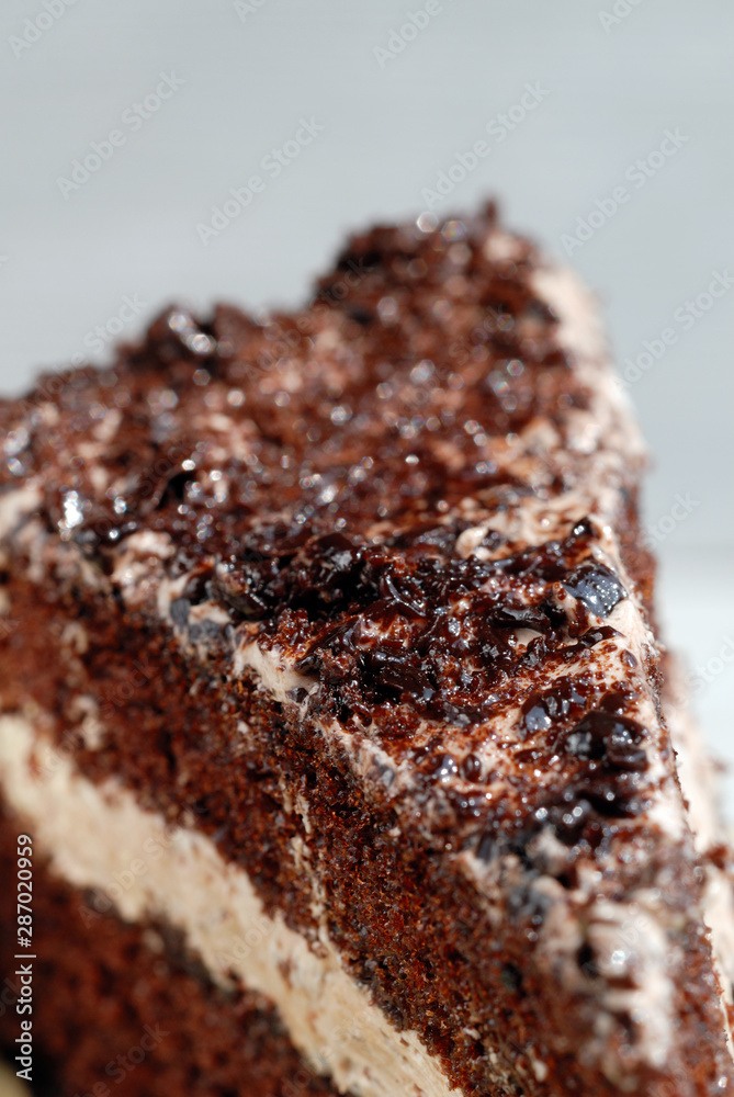 Chocolate cake with cream filling closeup. Shallow depth of field