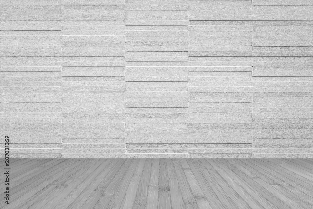 Modern marble tile wall pattern textured background in light white color with wooden floor in grey