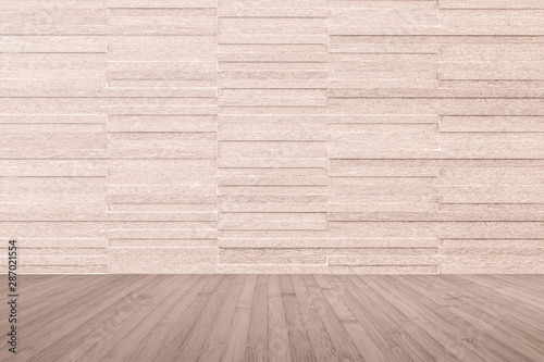 Modern marble tile wall pattern background in light red brown with wooden floor in red brown