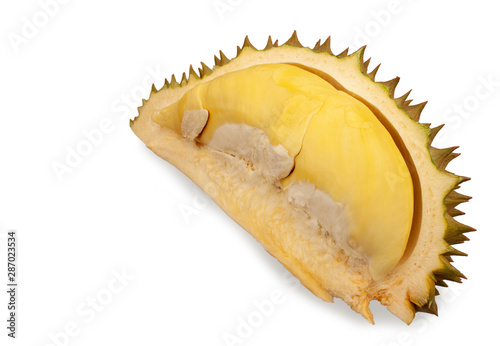 Piece of durian. Smelly asia fruit. Isolated on white background.