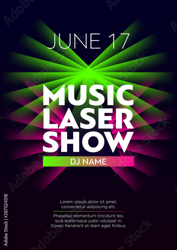 Vertical music laser show flyer with bright color graphic elements, dark background and text. 