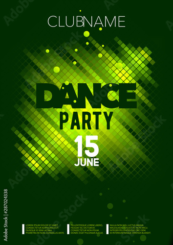Vertical green dance party background with mosaic graphic elements and text. 