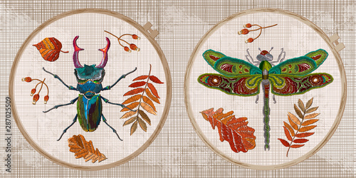 Embroidery collection. Insects. Dragonfly and beetle deer. Autumn forest concept. Template tambour frame with a canvas, elements from stitches. Art for clothes
