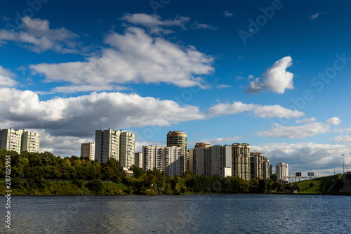 Residential houses and office buildings on the river bank. Moscow. Russia.