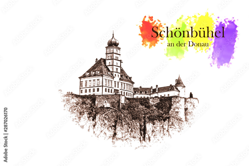 Castle Schonbuhel, Wachau, Austria - Vintage travel sketch.
